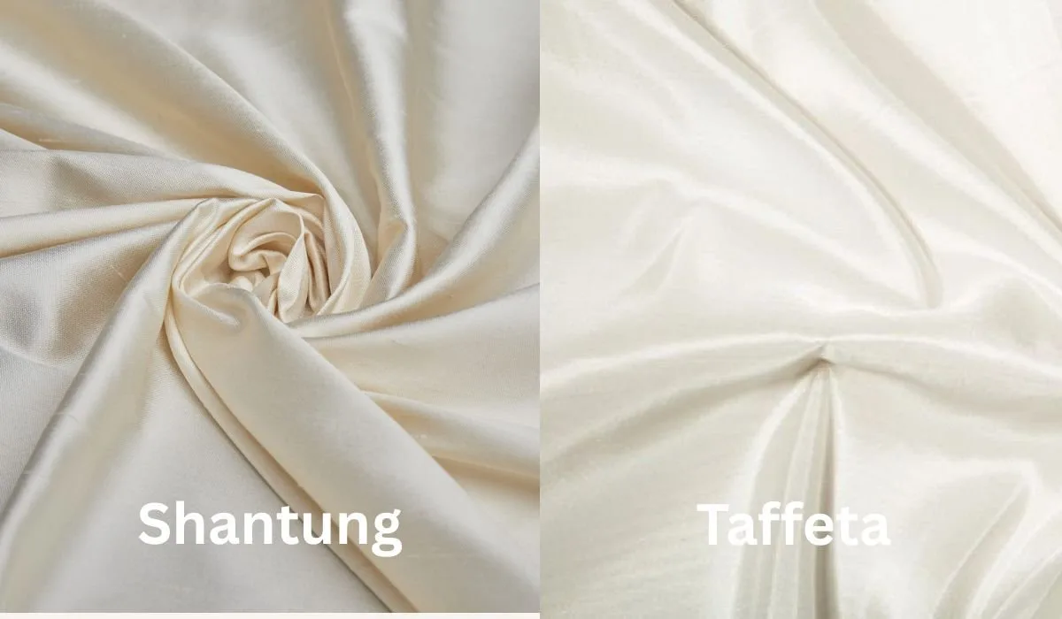 Side by side image comparing Shantung fabric and taffeta fabric by texture and sheen