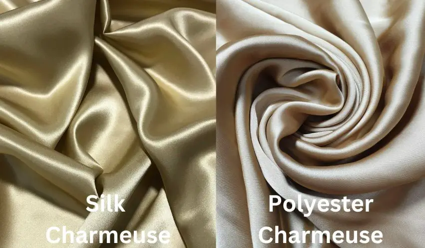 Side by side comparison of silk charmeuse and polyester charmeuse showing differences in sheen and texture
