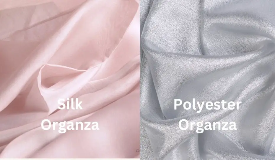 Visual comparison of pink silk organza and silver polyester organza showing texture and sheen variations