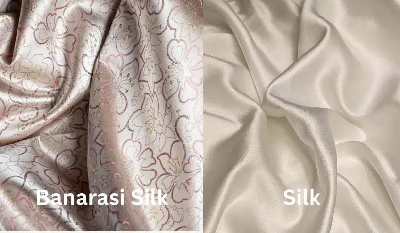 Side by side fabric comparison between plain silk and floral patterned Banarasi silk