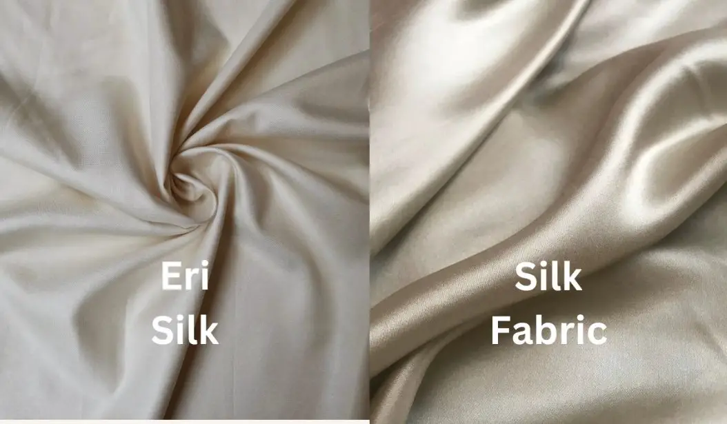 Comparison of Eri silk and traditional silk fabrics showing matte and glossy finishes