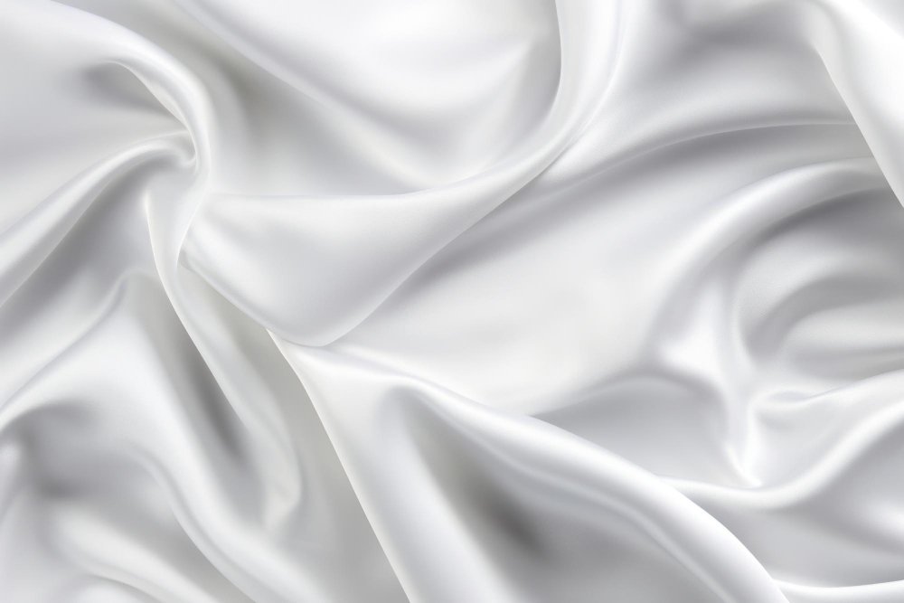 White slipper satin fabric arranged in soft folds showing its smooth and glossy surface.