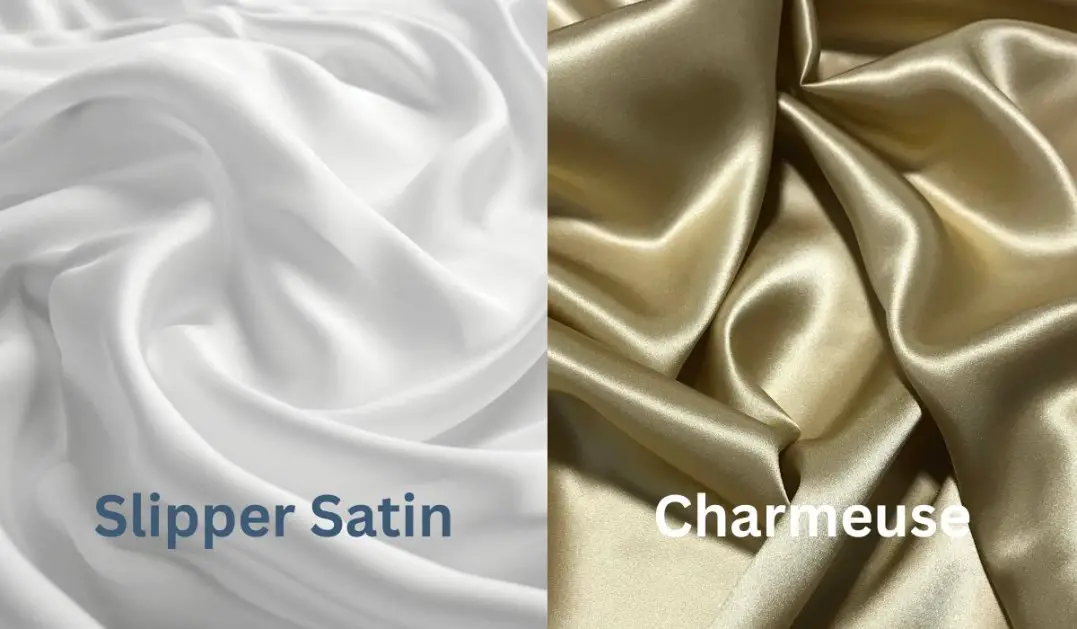 Side by side comparison of slipper satin and charmeuse fabrics showing differences in sheen, texture, and drape