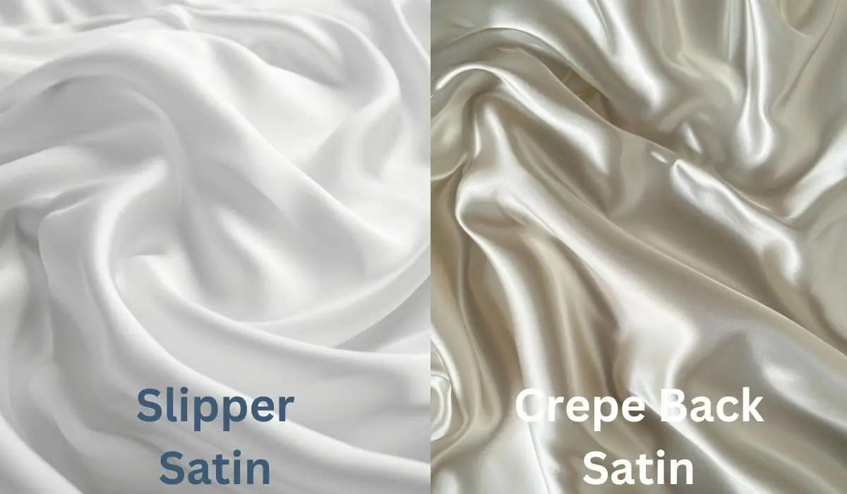 Side by side comparison of slipper satin and crepe back satin fabric showing differences in sheen, drape, and texture