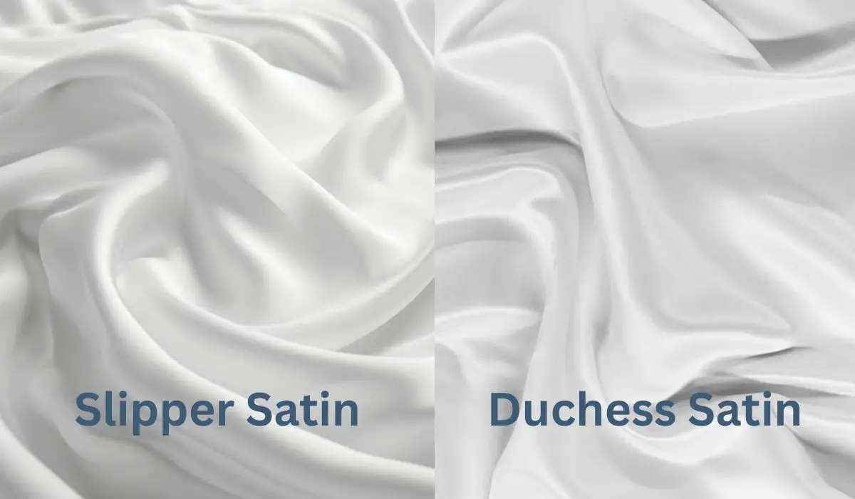 Side by side comparison of slipper satin and duchess satin showing variation in weight, shine, and drape