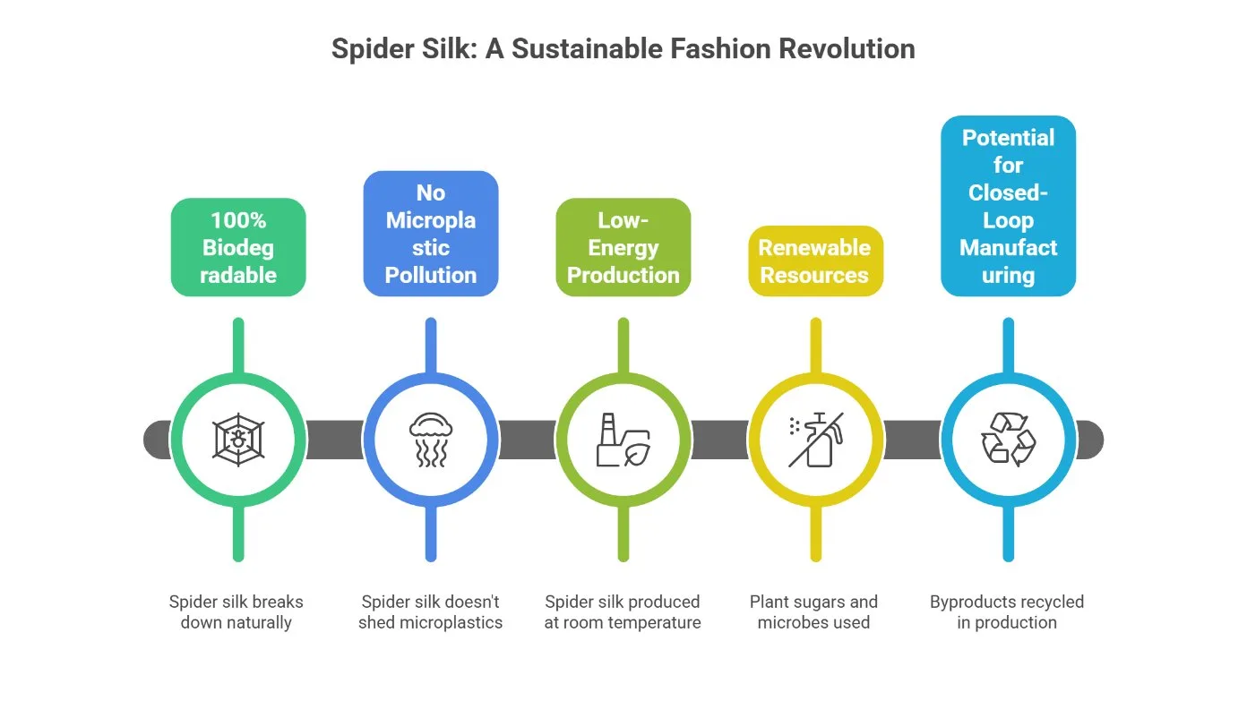 Infographic explaining the sustainability benefits of spider silk including biodegradability, no microplastic pollution, low energy production, renewable resources, and closed loop manufacturing