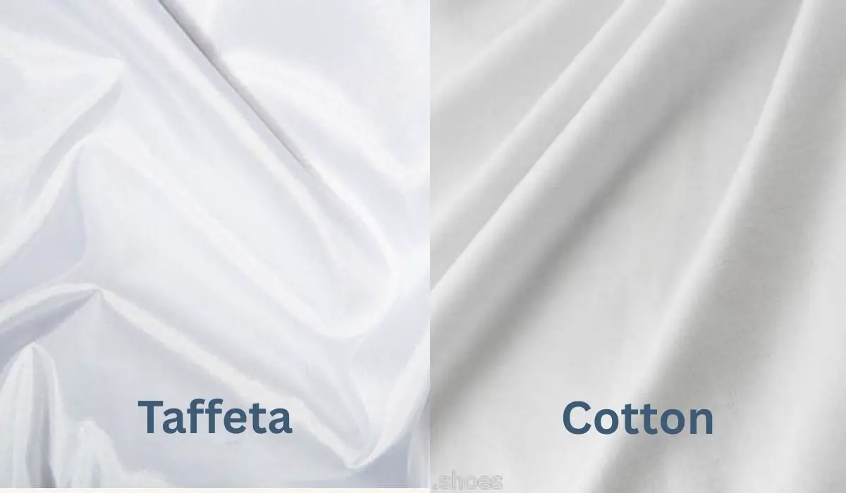 Side by side comparison of shiny white taffeta fabric and matte white cotton fabric