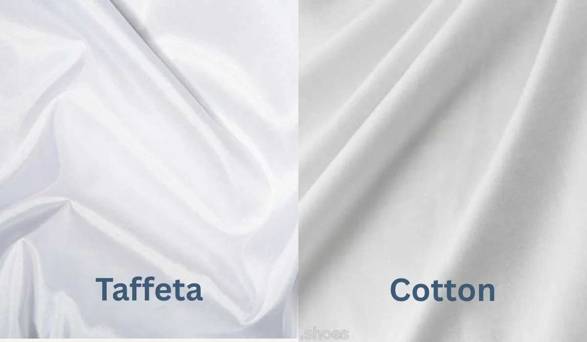 Side by side comparison of shiny white taffeta fabric and matte white cotton fabric