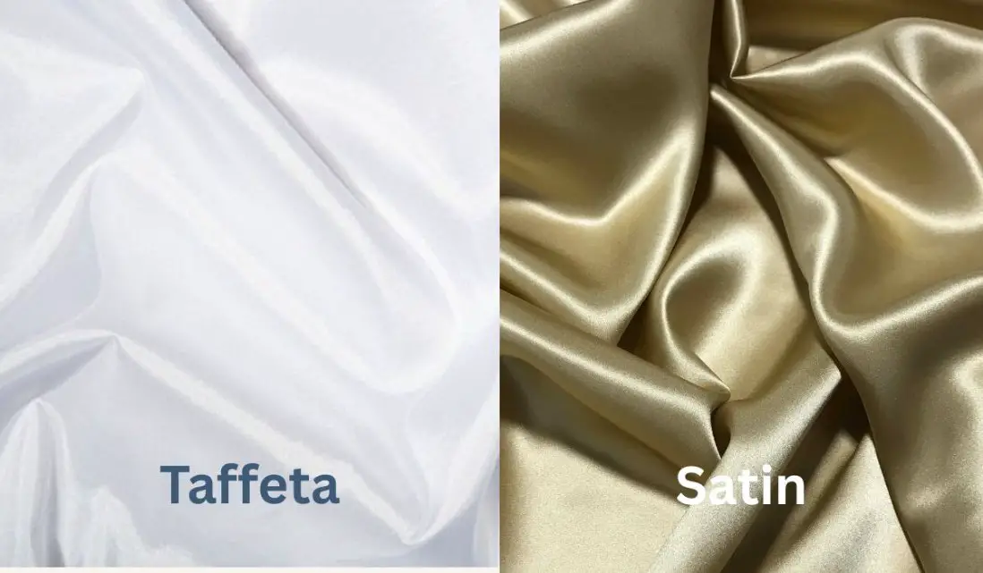 Side by side comparison of white taffeta fabric and gold satin fabric highlighting their different textures and shine