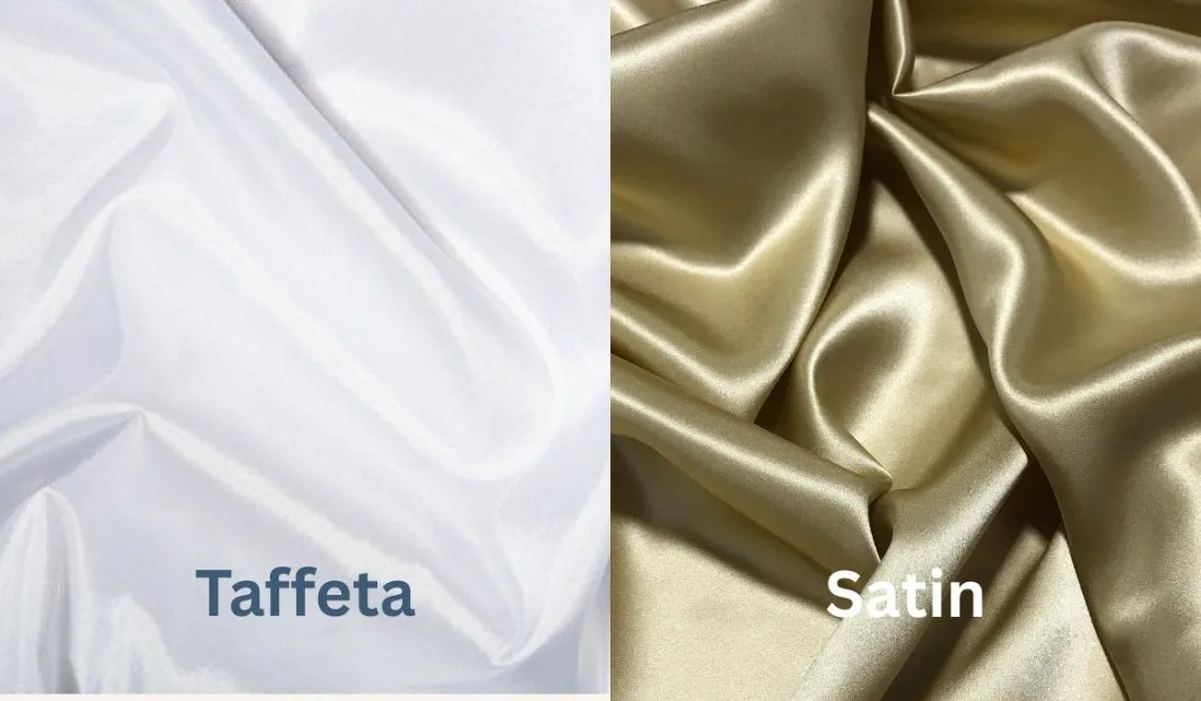 Side by side comparison of white taffeta fabric and gold satin fabric highlighting their different textures and shine