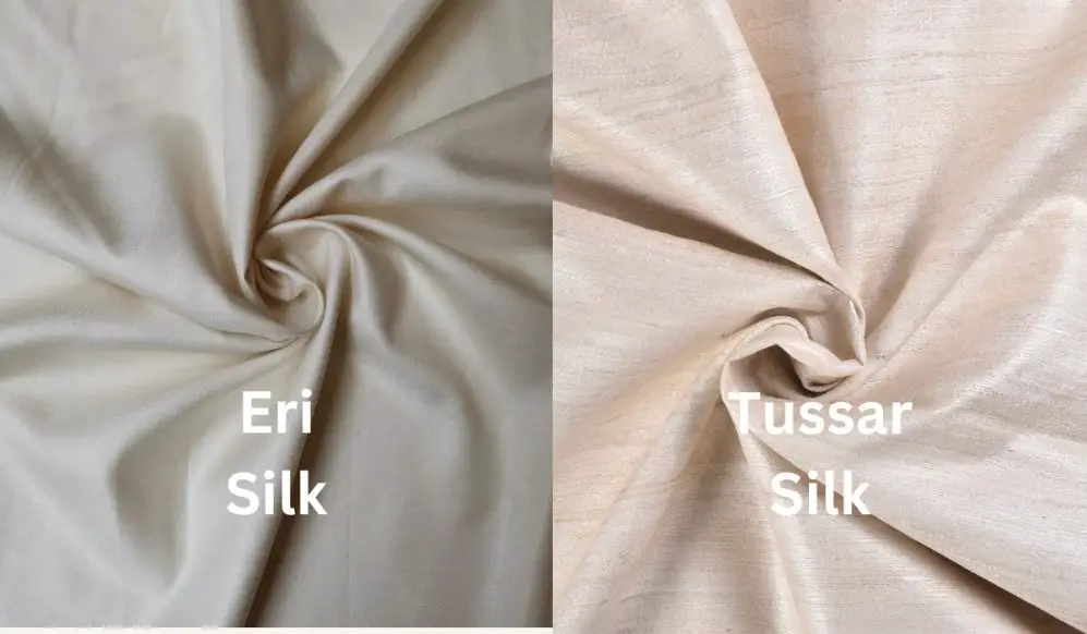 Side by side comparison of Eri silk and Tussar silk fabrics showing texture and color differences
