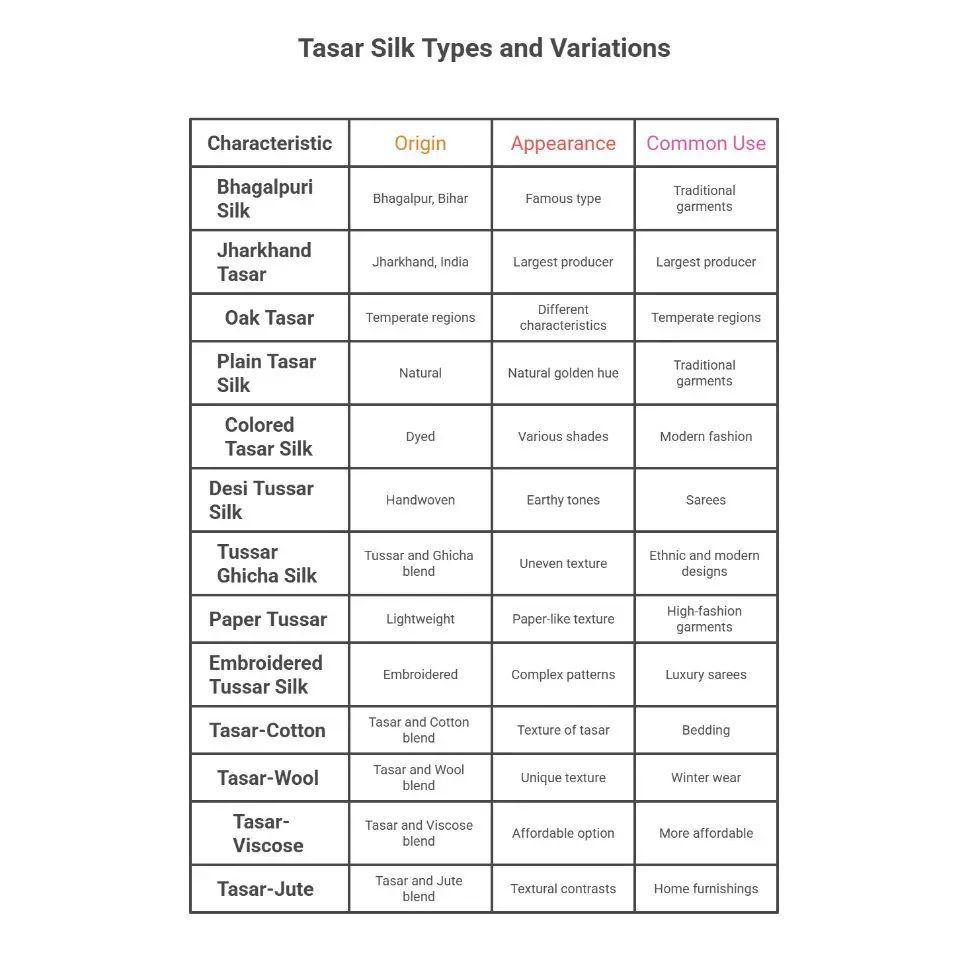 Table listing different types of tasar silk with their origins, typical appearance, and common uses