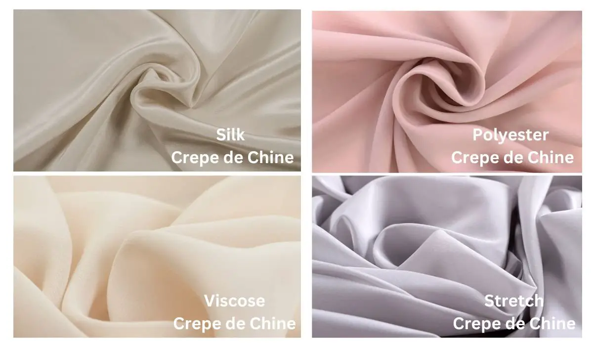 Different types of Crepe de Chine fabrics including silk, polyester, viscose, and stretch varieties