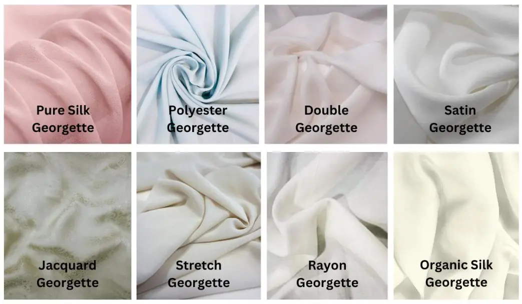 Grid showing different types of georgette fabric including silk, polyester, satin, stretch, and jacquard variations