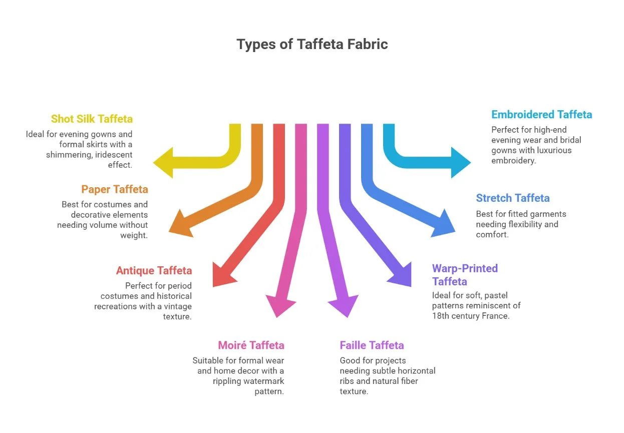Colorful infographic showing different types of taffeta fabric such as shot silk taffeta, paper taffeta, antique taffeta, moire taffeta, embroidered taffeta, stretch taffeta, warp printed taffeta, and faille taffeta