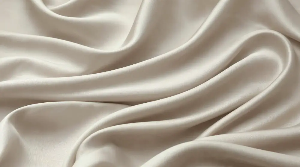 Close up of woven sateen fabric showing smooth glossy surface and soft folds