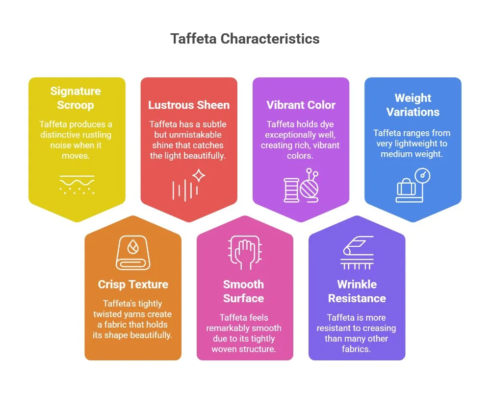 Infographic listing important characteristics of taffeta fabric including sheen, crisp texture, vibrant color, weight variations, smooth surface, and wrinkle resistance
