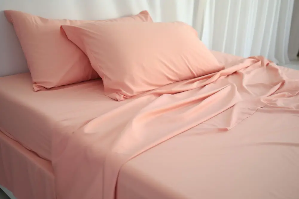 Peach colored sateen bed sheets and pillowcases neatly arranged on a bed