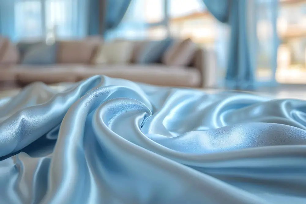 Light blue satin fabric draped in soft folds with a blurred living room setting in the background
