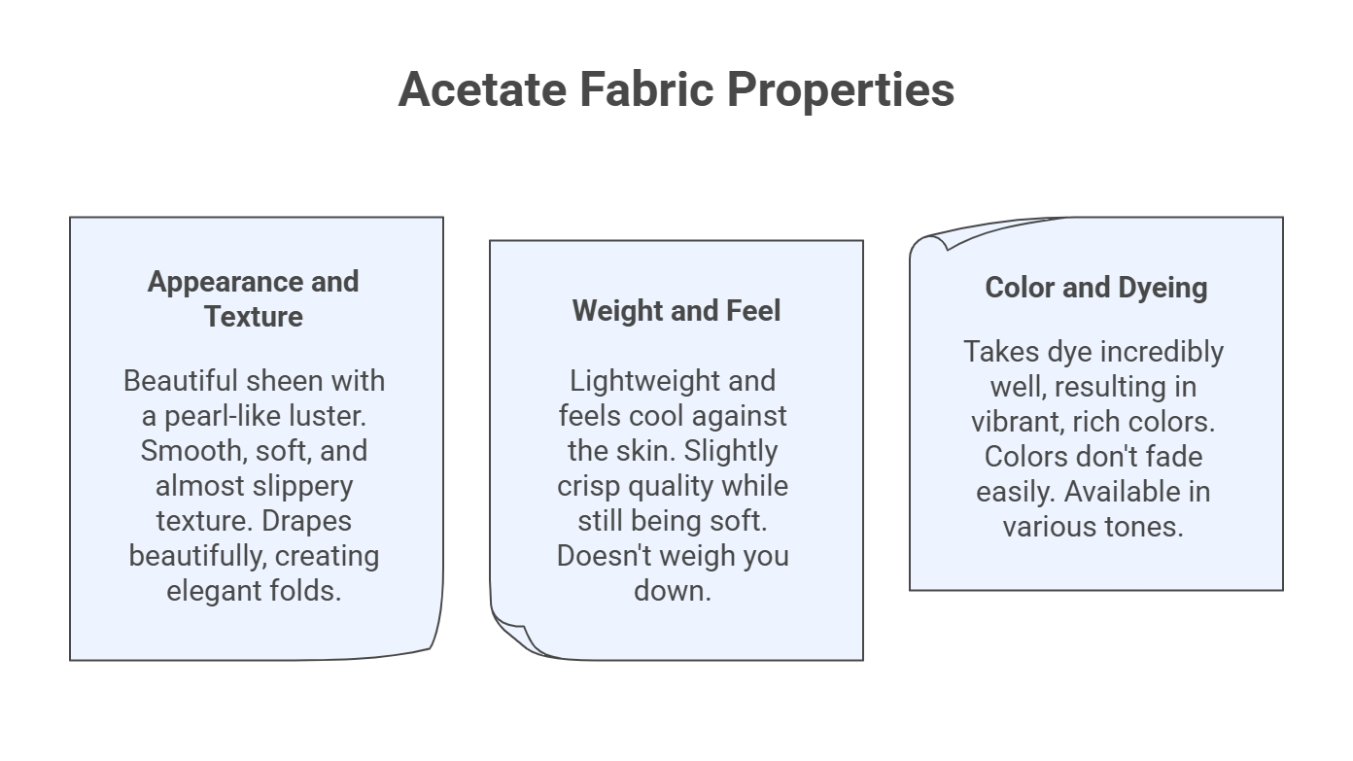 Infographic describing the appearance, texture, weight, feel, and dyeing qualities of acetate fabric in three labeled sections