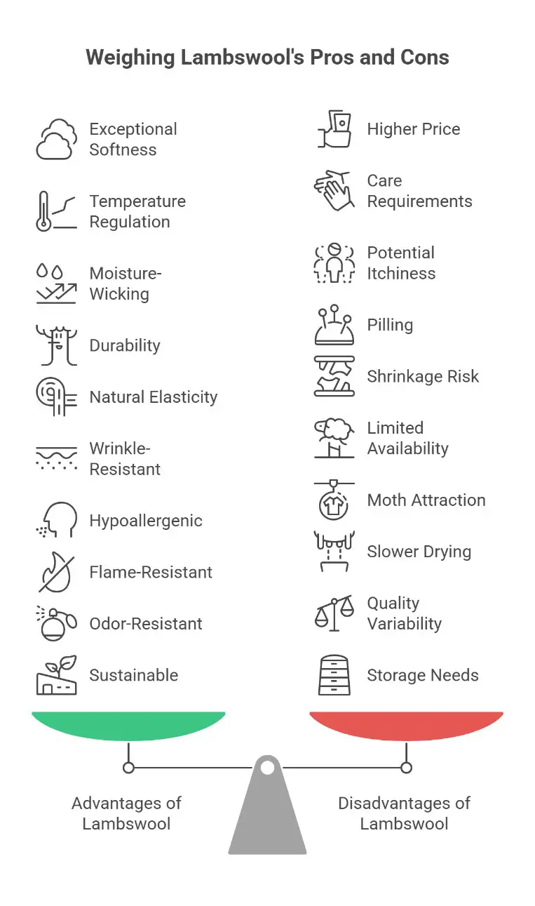 Lambswool advantages and disadvantages infographic showing softness, warmth, durability, and care requirements