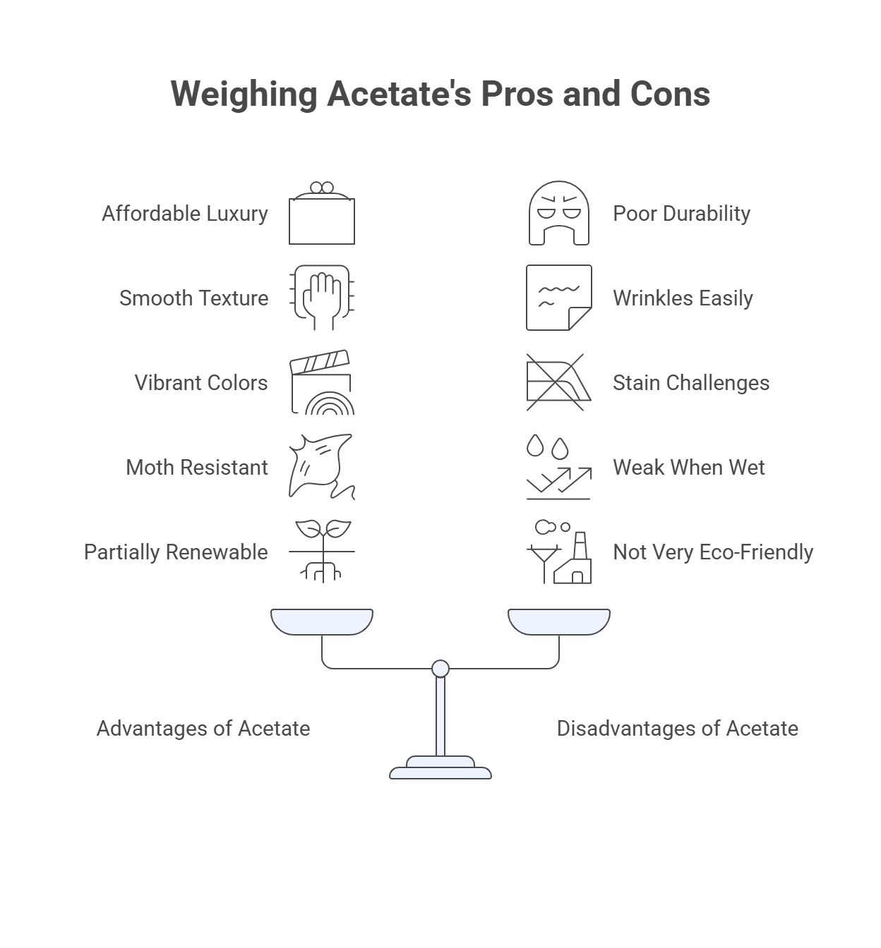 Infographic comparing the advantages and disadvantages of acetate fabric with icons for features like smooth texture, vibrant colors, poor durability, and stain challenges