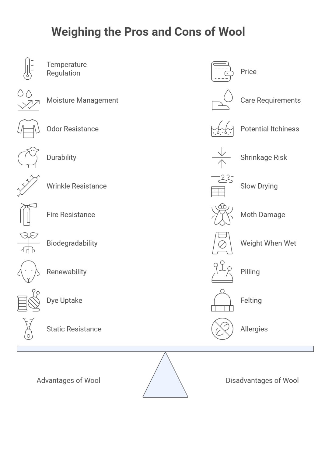 Advantages and disadvantages of sheep wool shown in a comparison infographic