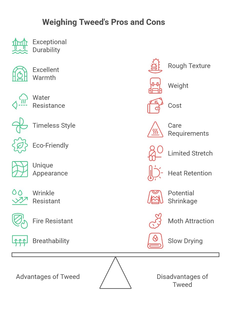 Tweed fabric pros and cons infographic showing durability, warmth, weight, and care needs