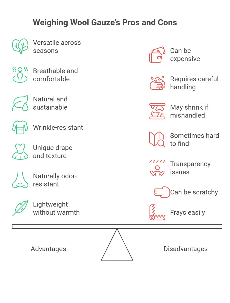 Infographic showing advantages and disadvantages of wool gauze fabric