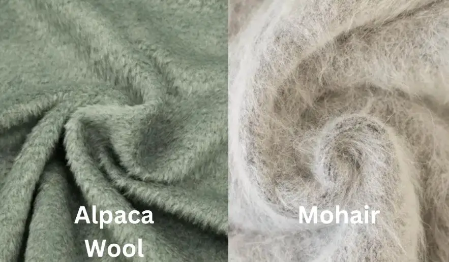 Side by side view of alpaca wool and mohair fabric textures