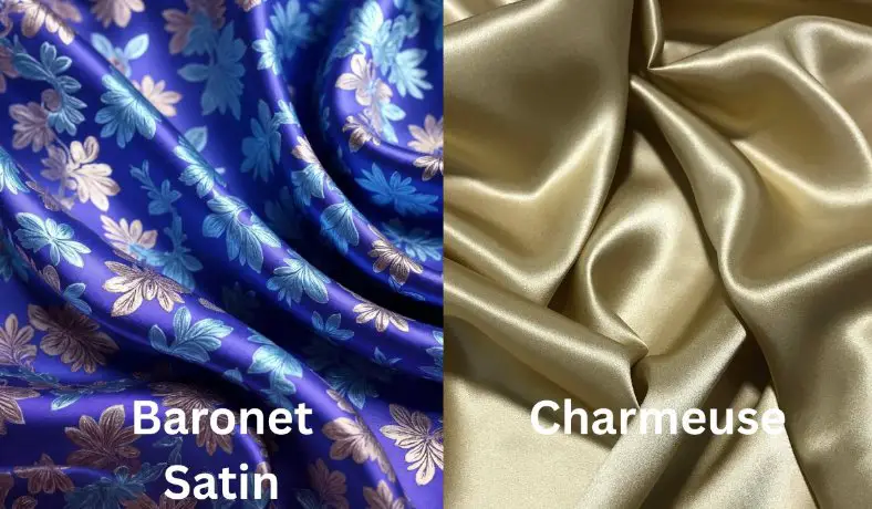 Side by side comparison of baronet satin and charmeuse fabric showing differences in texture, shine, and pattern