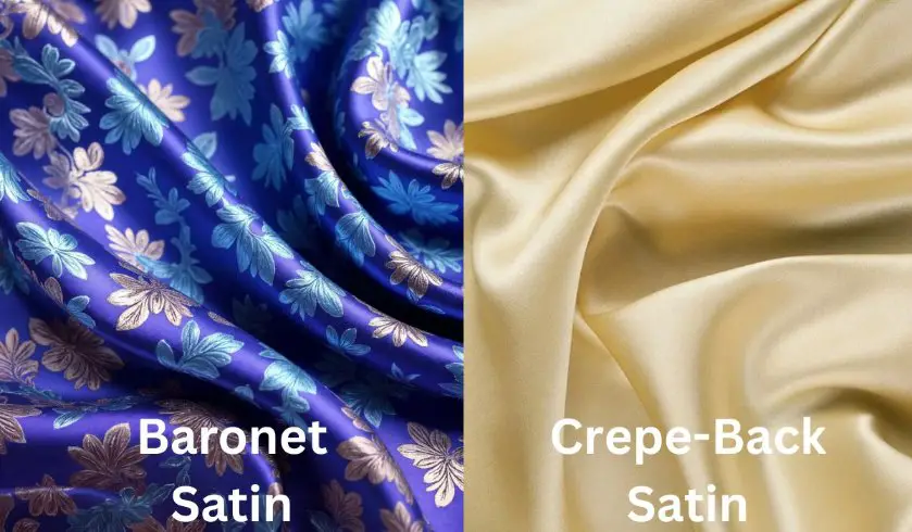 Side by side comparison of baronet satin and crepe back satin showing differences in sheen, pattern, and drape