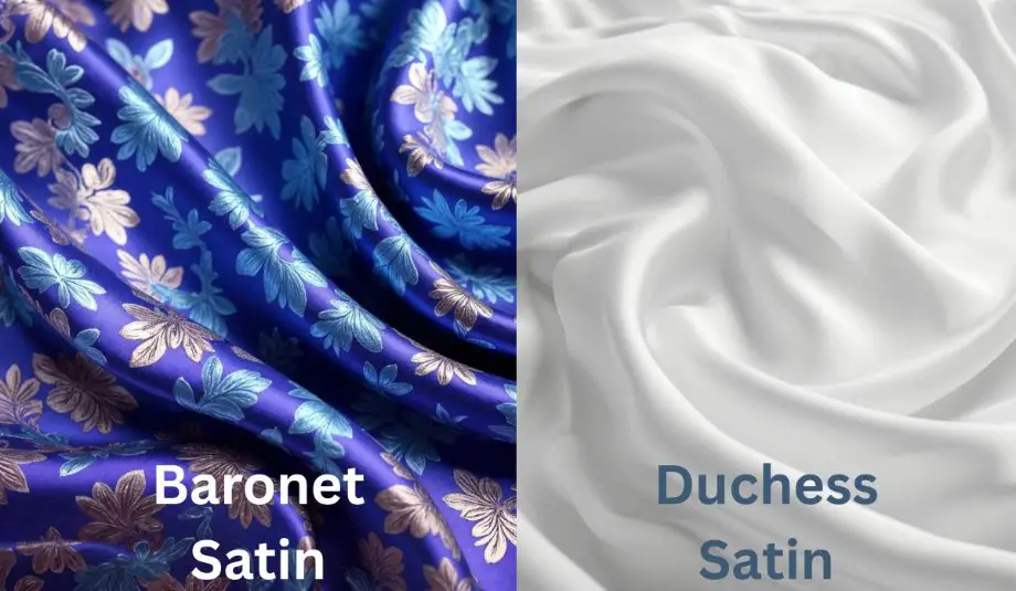 Side by side comparison of baronet satin and duchess satin showcasing differences in weight, texture, and surface finish