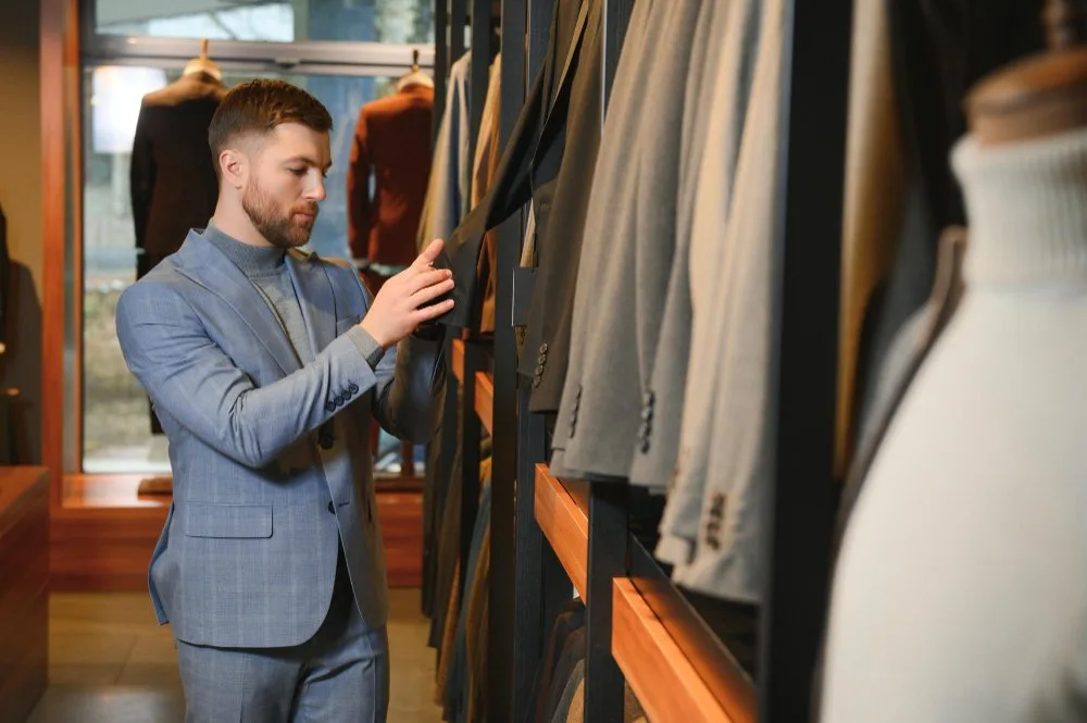 Man examining wool suits in a clothing store
