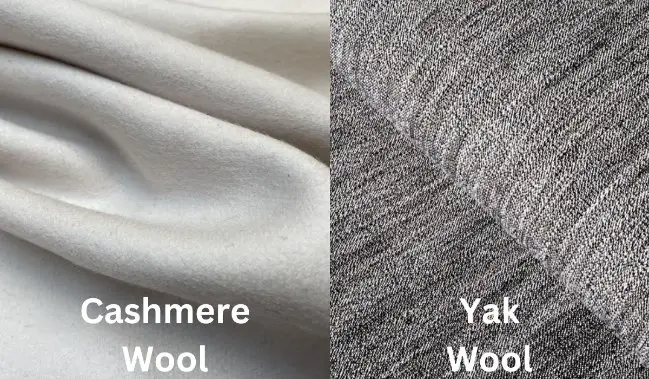 Cashmere wool and yak wool fabric comparison showing texture and thickness differences