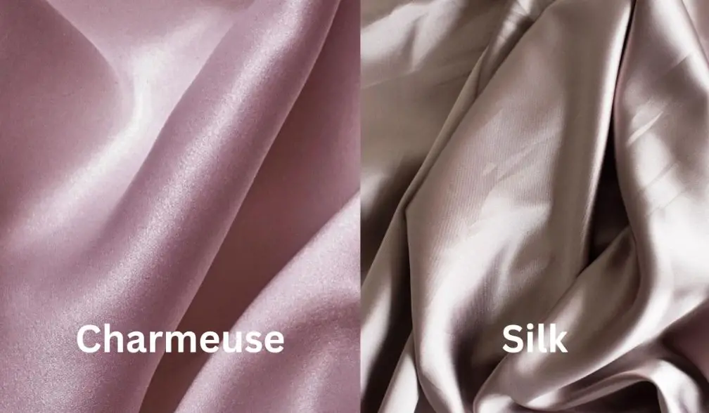 Side by side comparison of charmeuse and silk fabric showing differences in sheen and texture