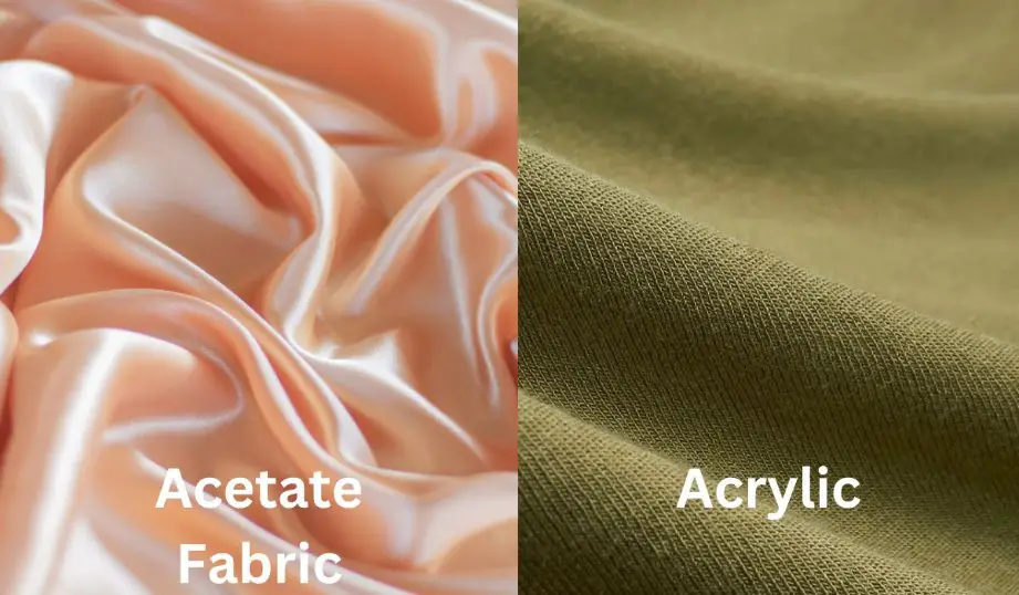 Side by side comparison showing peach colored acetate fabric with a glossy drape next to matte olive acrylic fabric