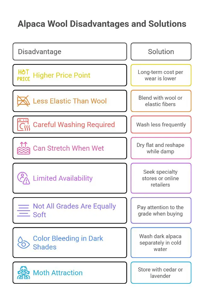 Infographic showing disadvantages of alpaca wool and practical solutions