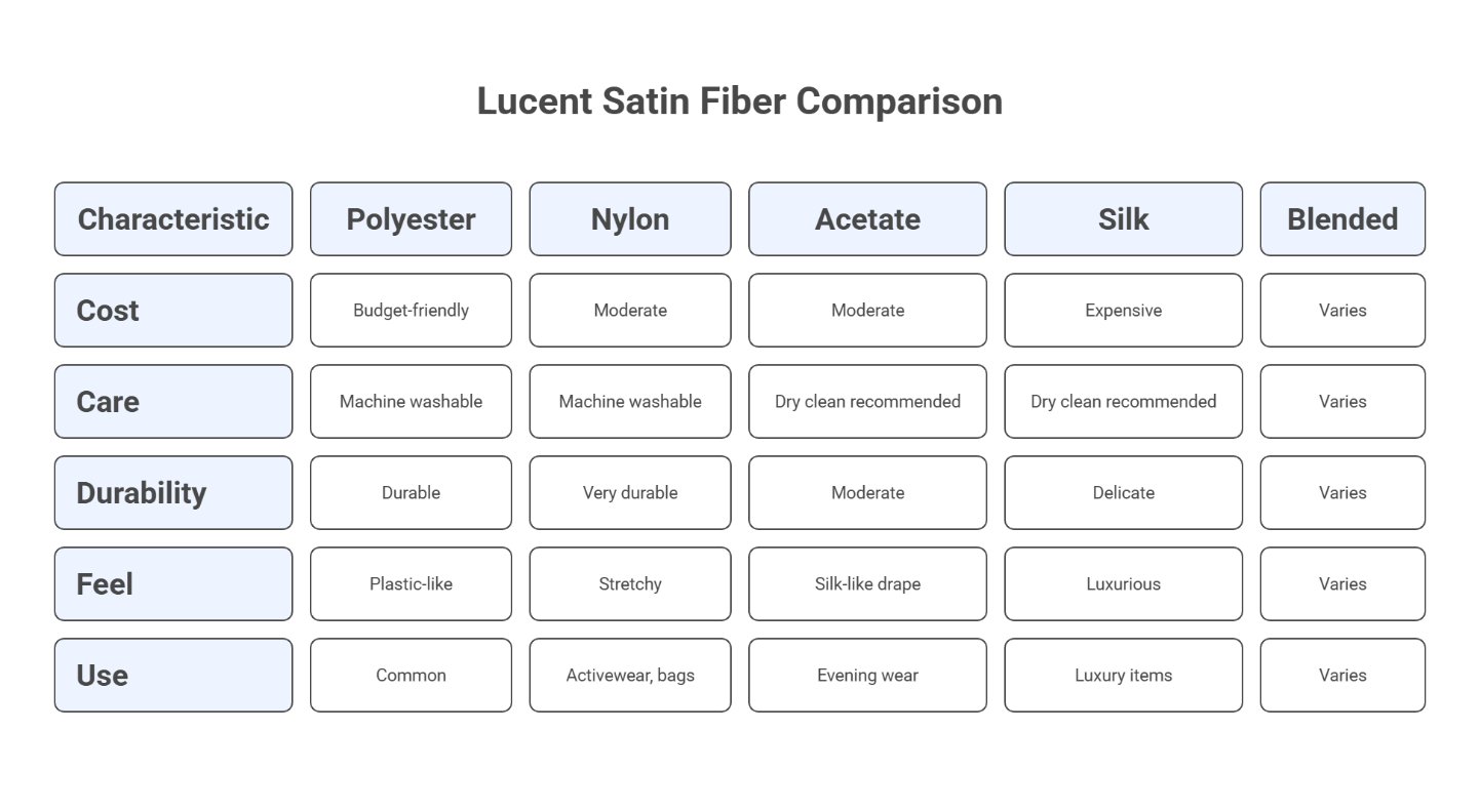 Infographic comparing polyester, nylon, acetate, silk, and blended fibers used in lucent satin fabric