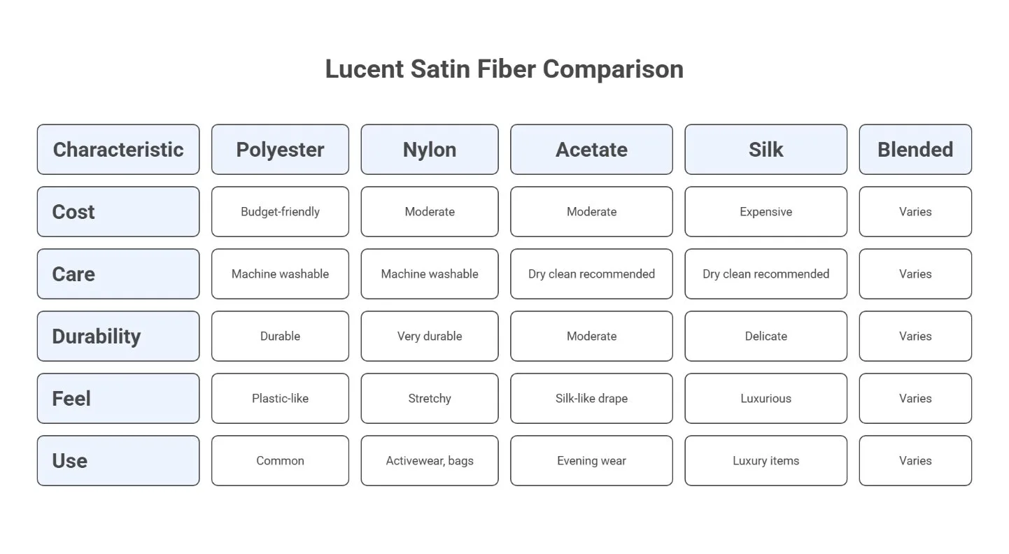 Infographic comparing polyester, nylon, acetate, silk, and blended fibers used in lucent satin fabric