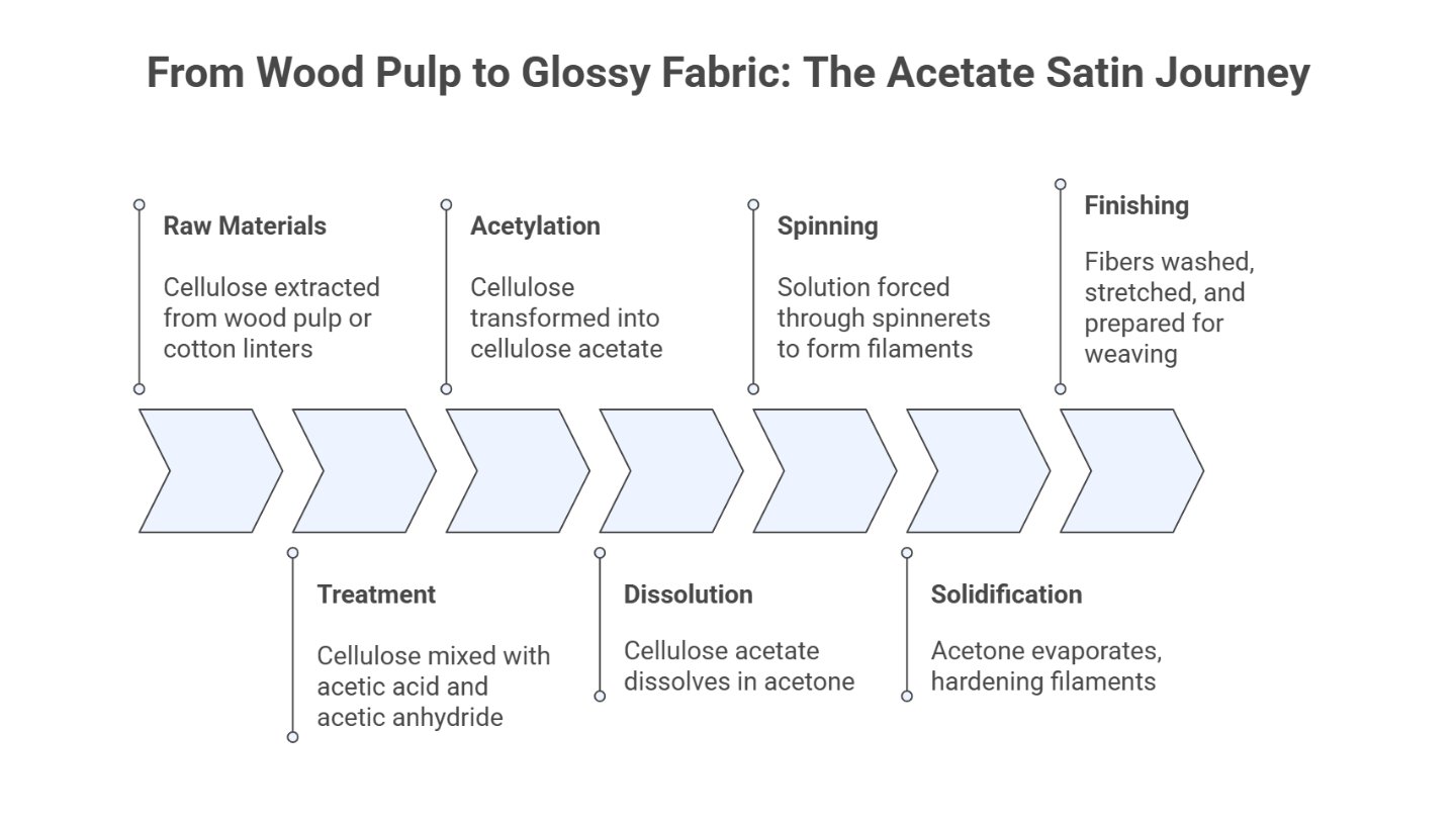 Infographic outlining the acetate satin production process from raw cellulose to finished glossy fabric