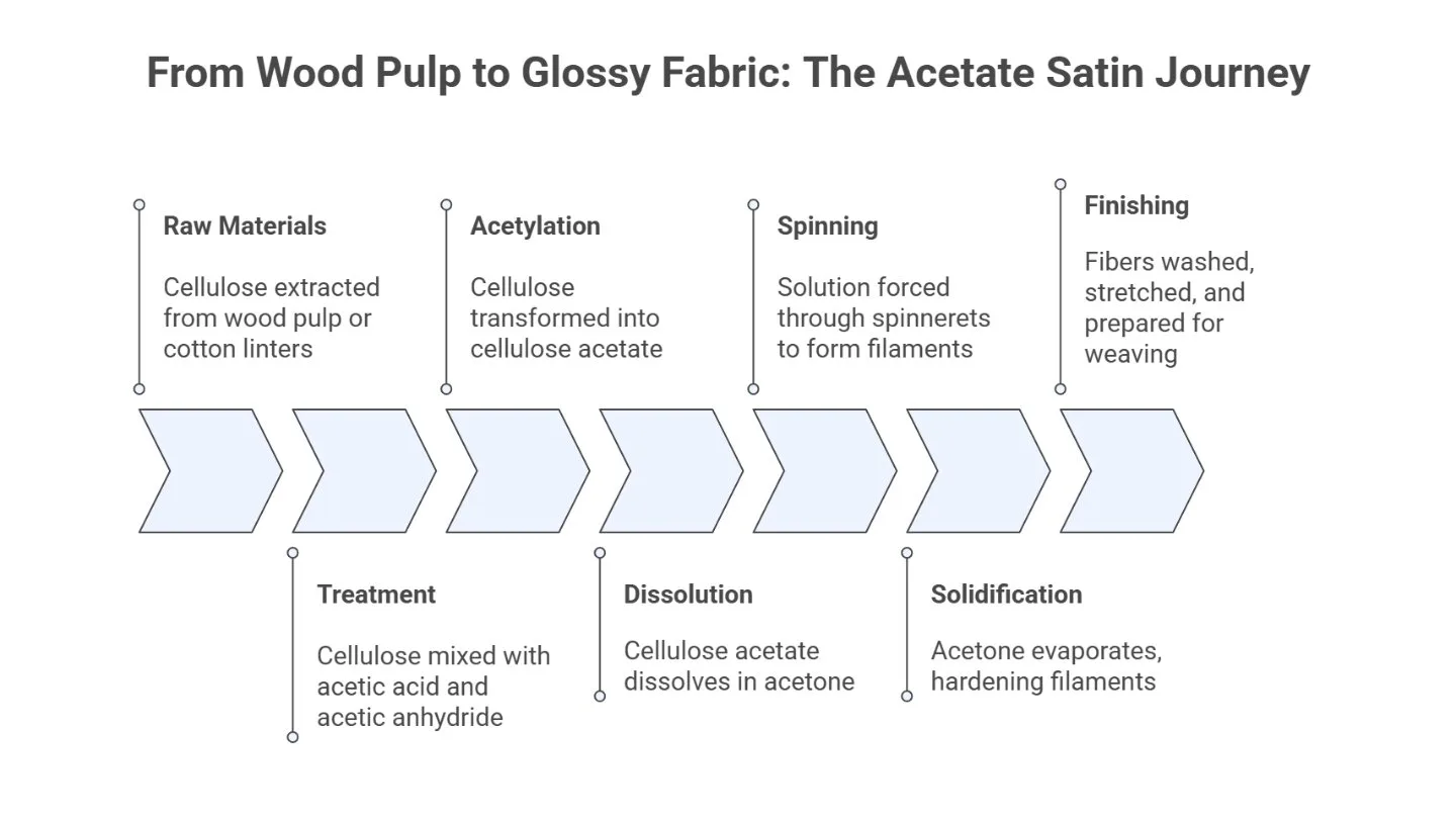 Infographic outlining the acetate satin production process from raw cellulose to finished glossy fabric