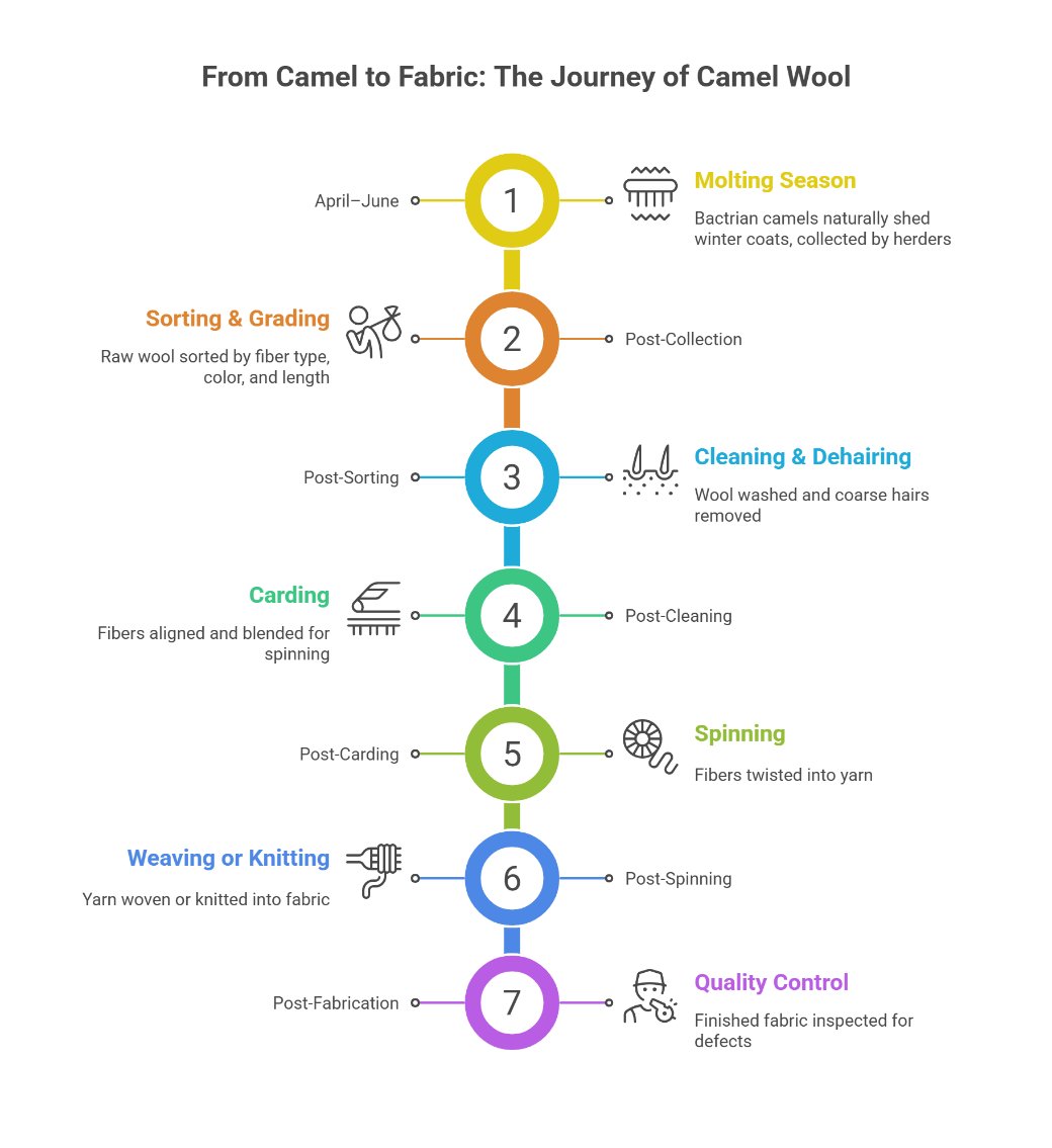 Infographic showing the step by step process of making camel wool fabric