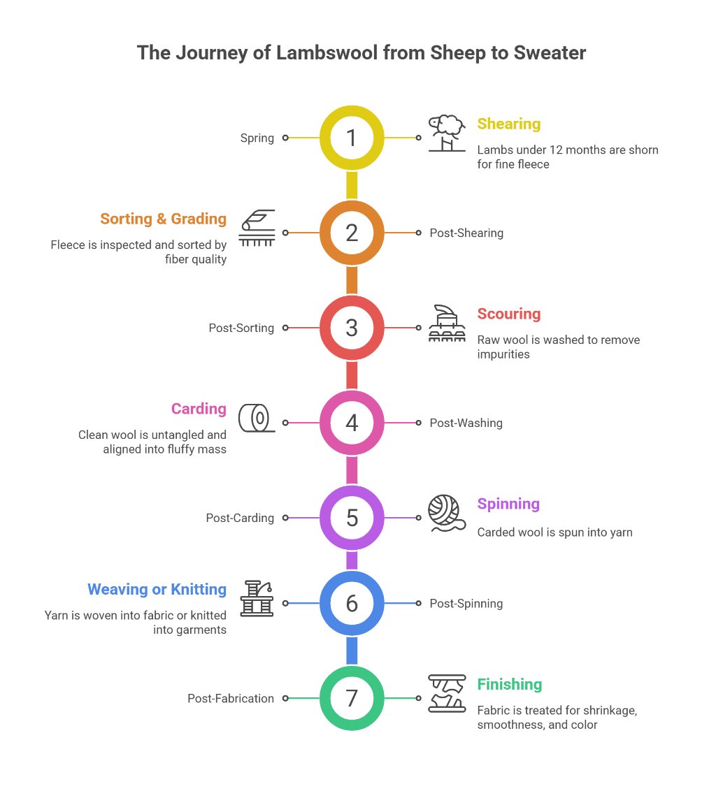 Lambswool production process from sheep shearing to finished sweater explained step by step