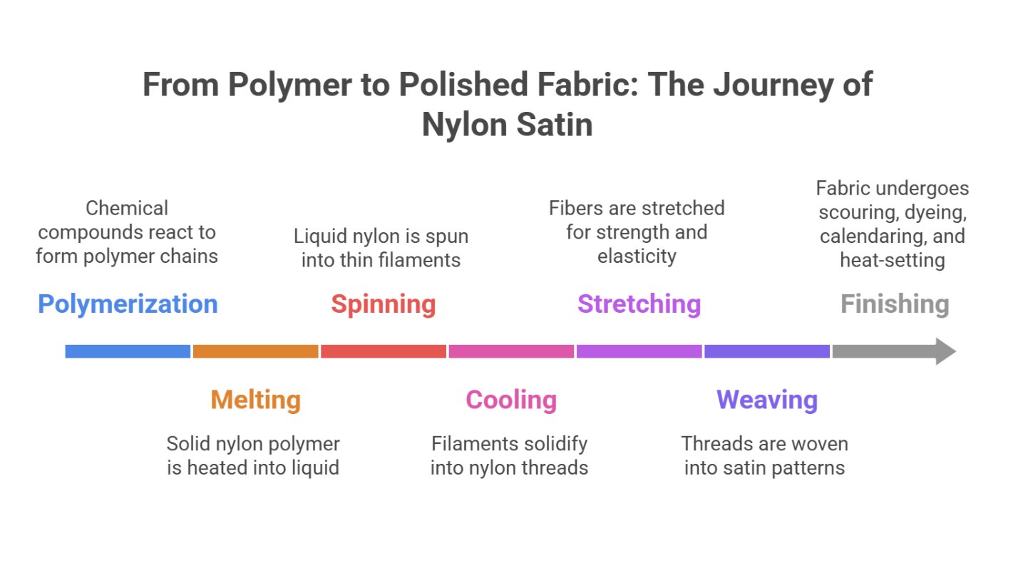 Infographic showing the manufacturing stages of nylon satin from polymerization to finishing