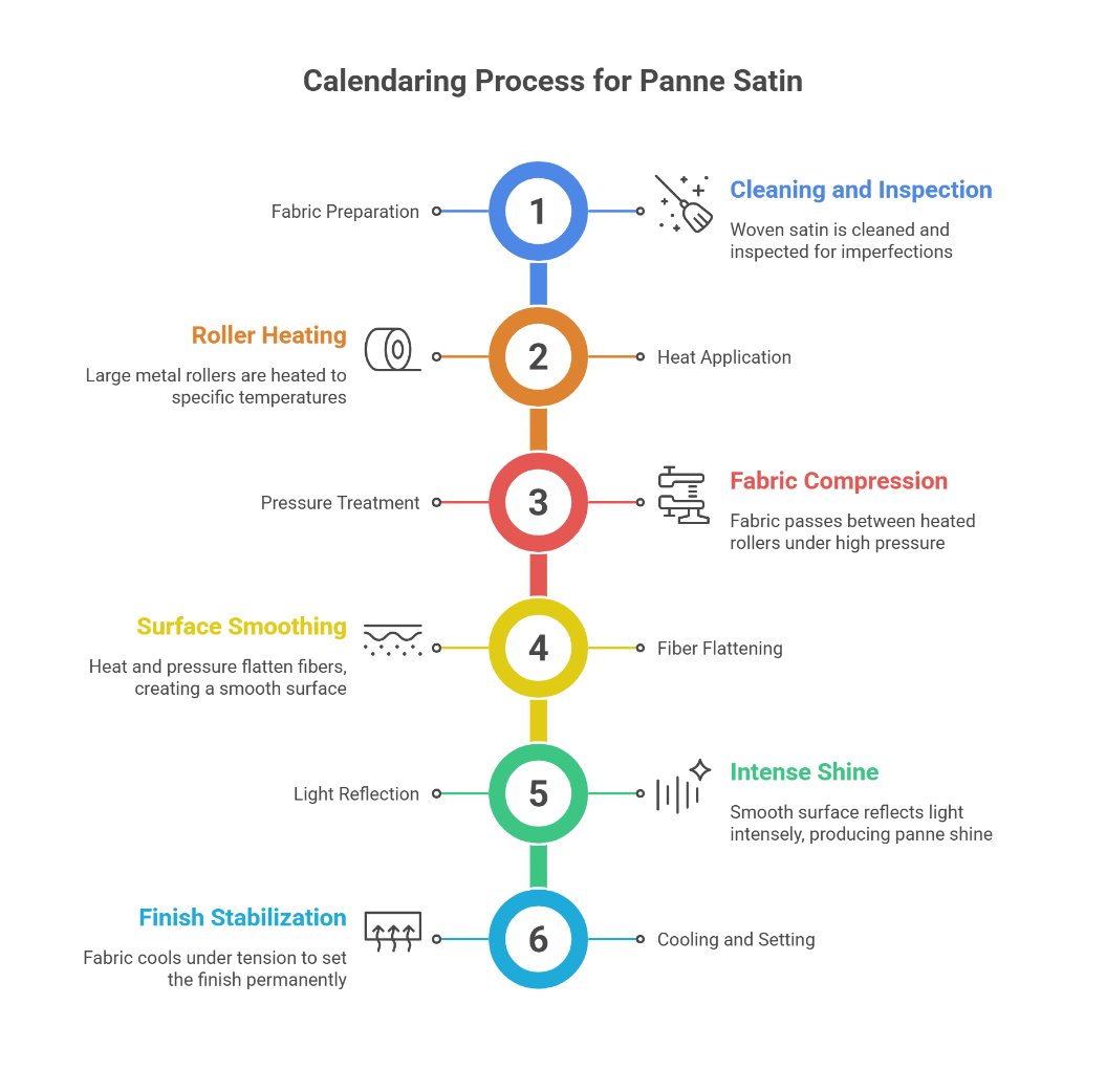 Infographic illustrating the step by step calendaring process used to create panne satin fabric
