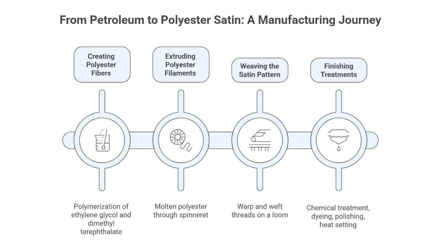 Infographic showing the step by step manufacturing process of polyester satin from petroleum based chemicals to finished fabric