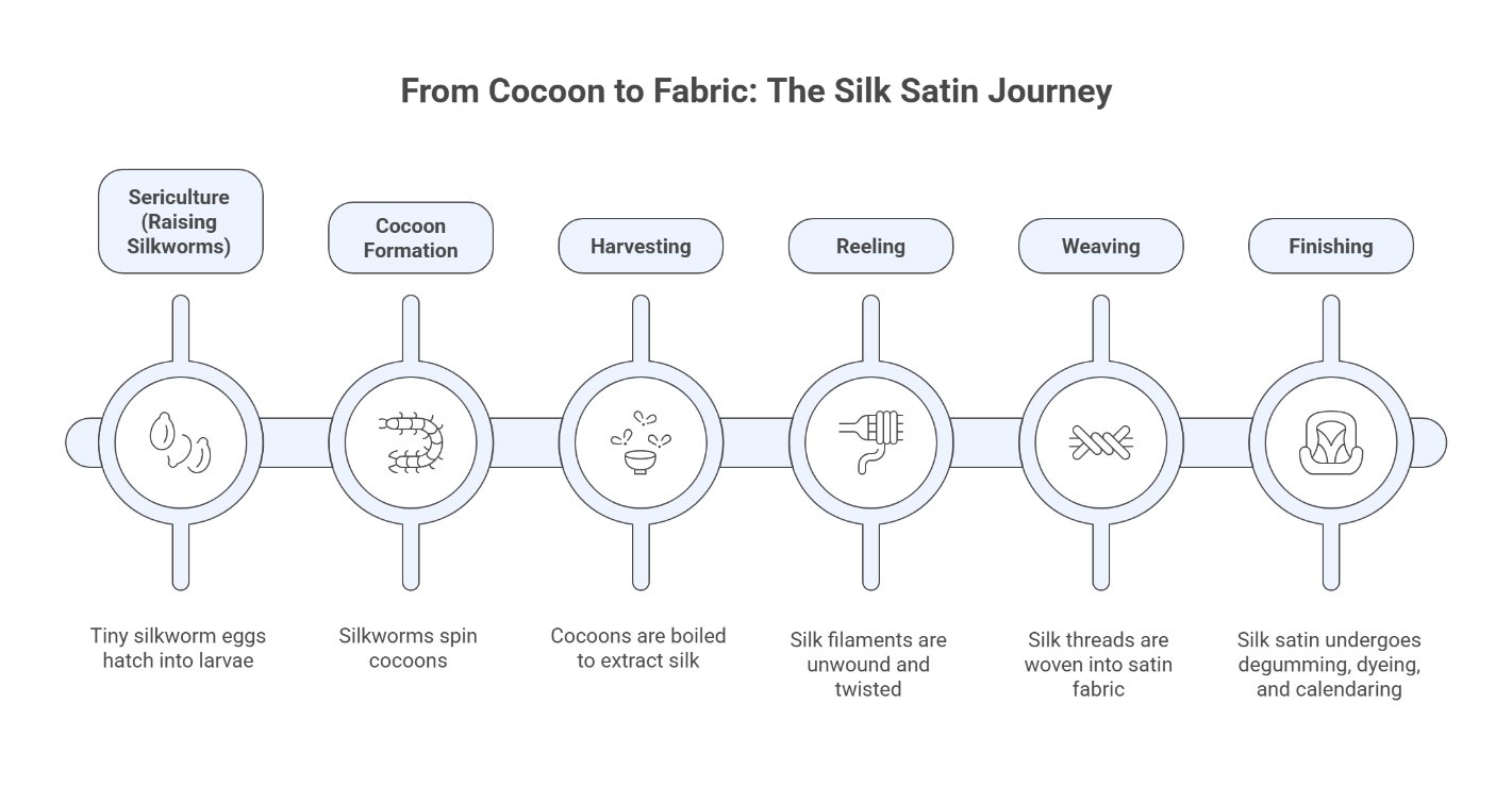 Infographic illustrating the silk satin production process from raising silkworms to finishing woven satin fabric
