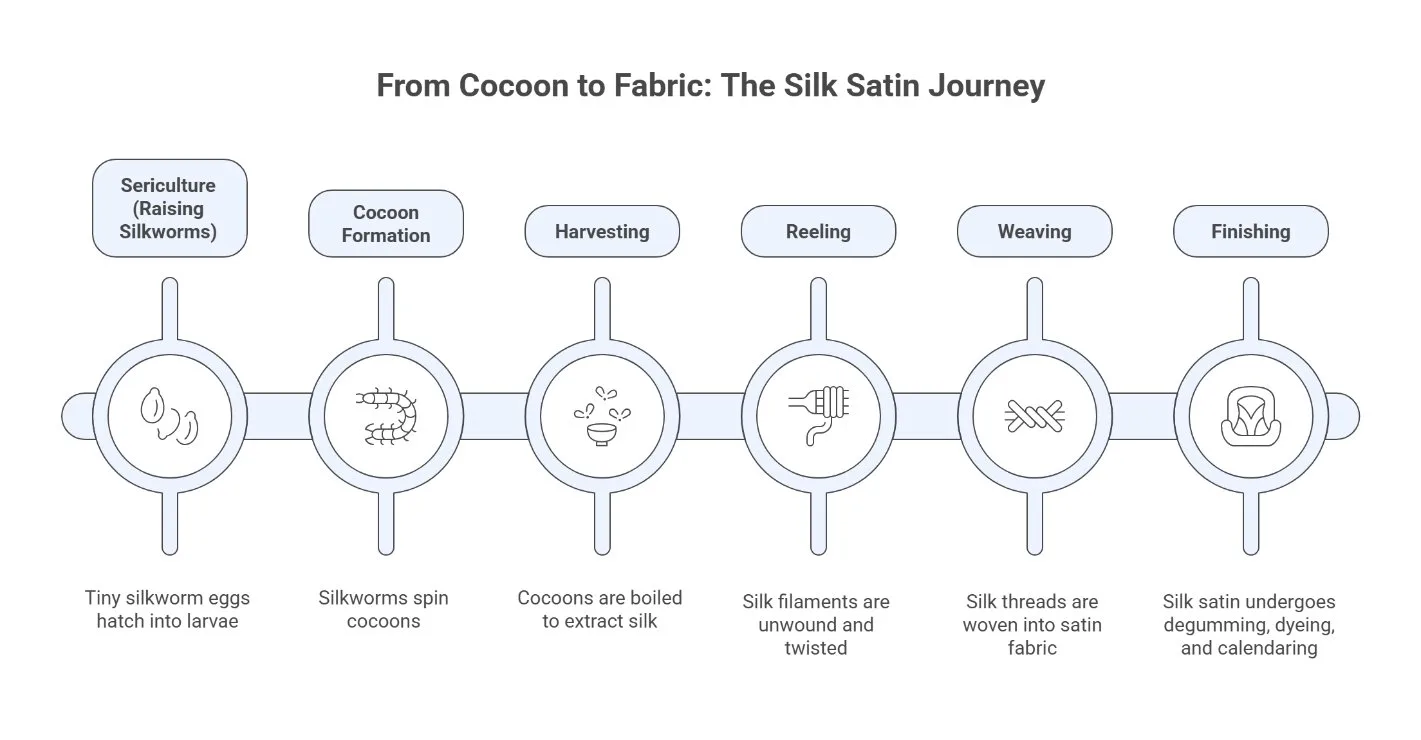 Infographic illustrating the silk satin production process from raising silkworms to finishing woven satin fabric