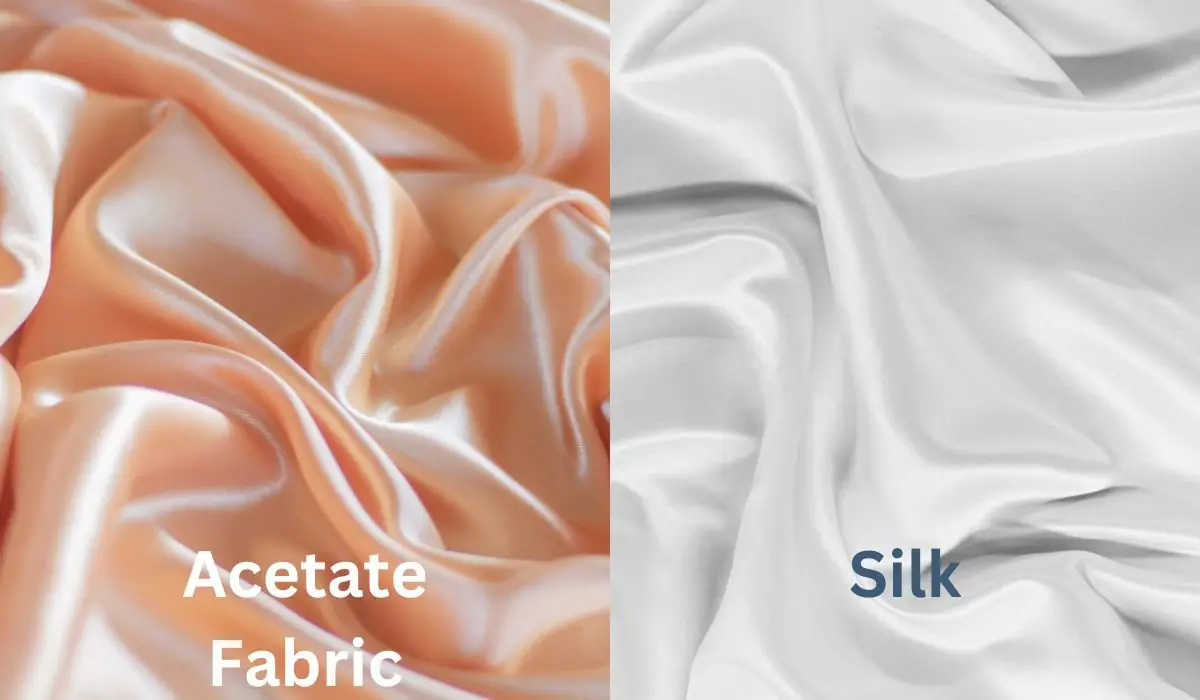 Side by side comparison showing peach acetate fabric with a glossy drape next to white silk fabric with a natural, smooth sheen